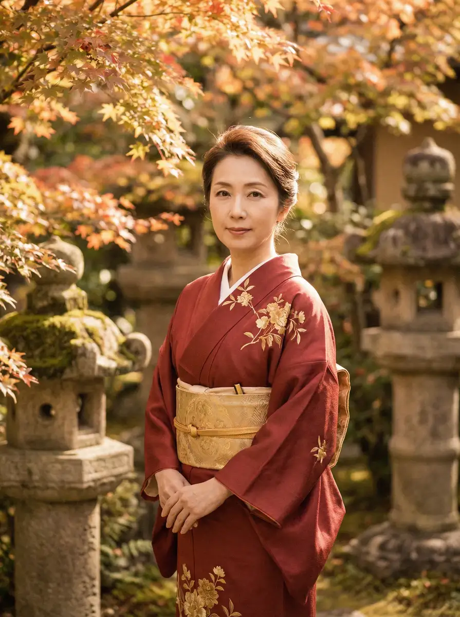 一位身穿暗红色和服的优雅 同人本子 在日式庭院中