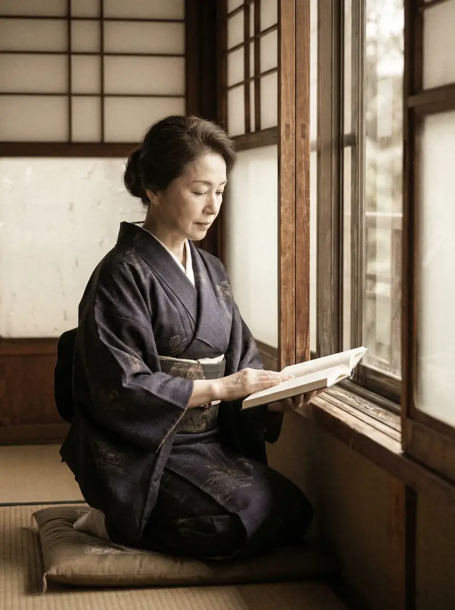 一位优雅的五十岁 同人本子 身穿深蓝色和服，在窗边静读